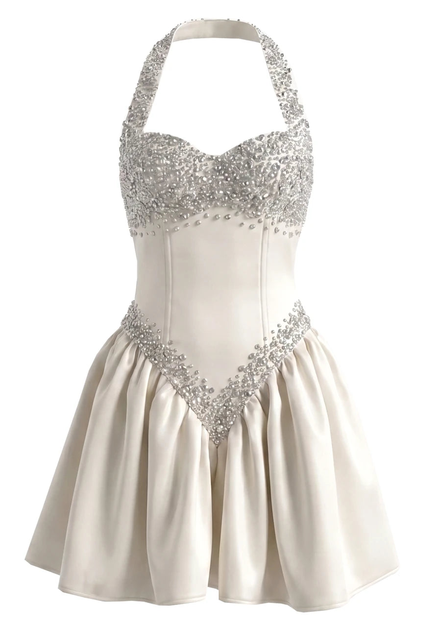 Halter Crystal Sequin A Line Dress Ivory