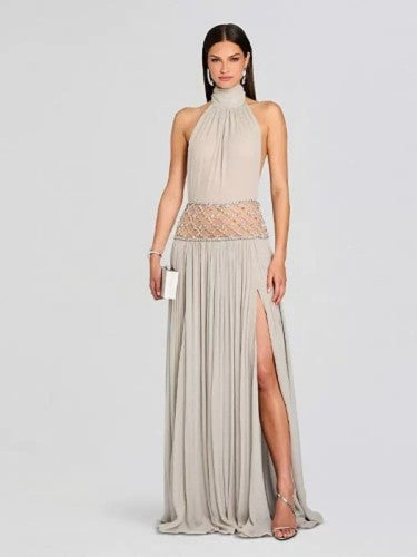 Champagne Crystal-Waist Halter Gown