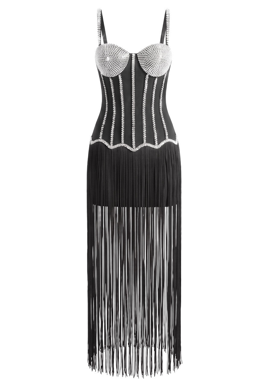Embellished Bustier Tassel Maxi Dress Black