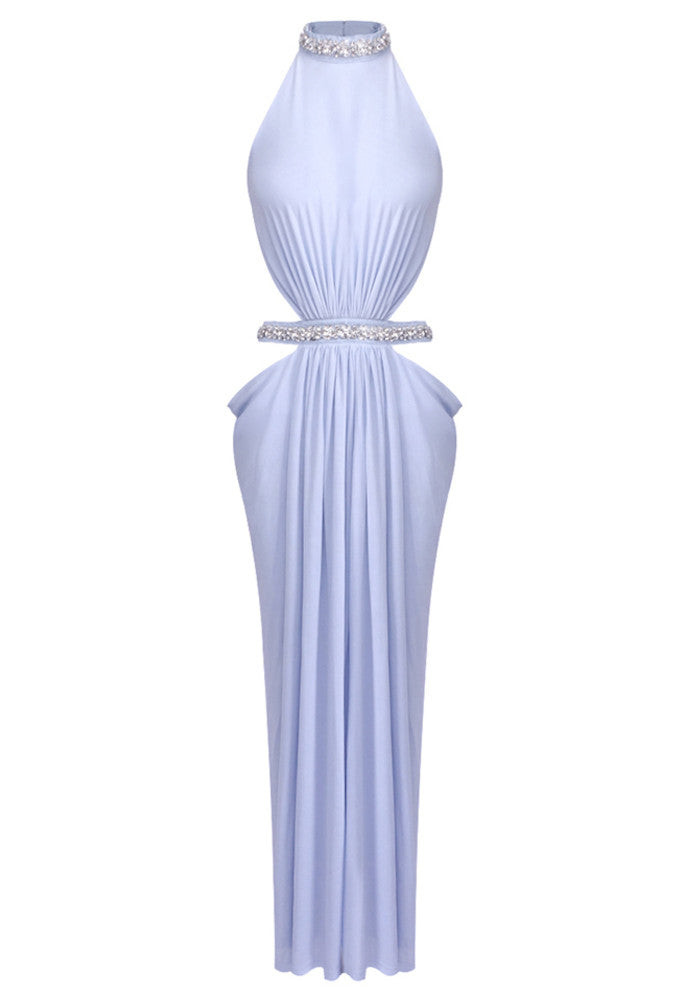 Halter Crystal Draped Backless Maxi Dress Blue