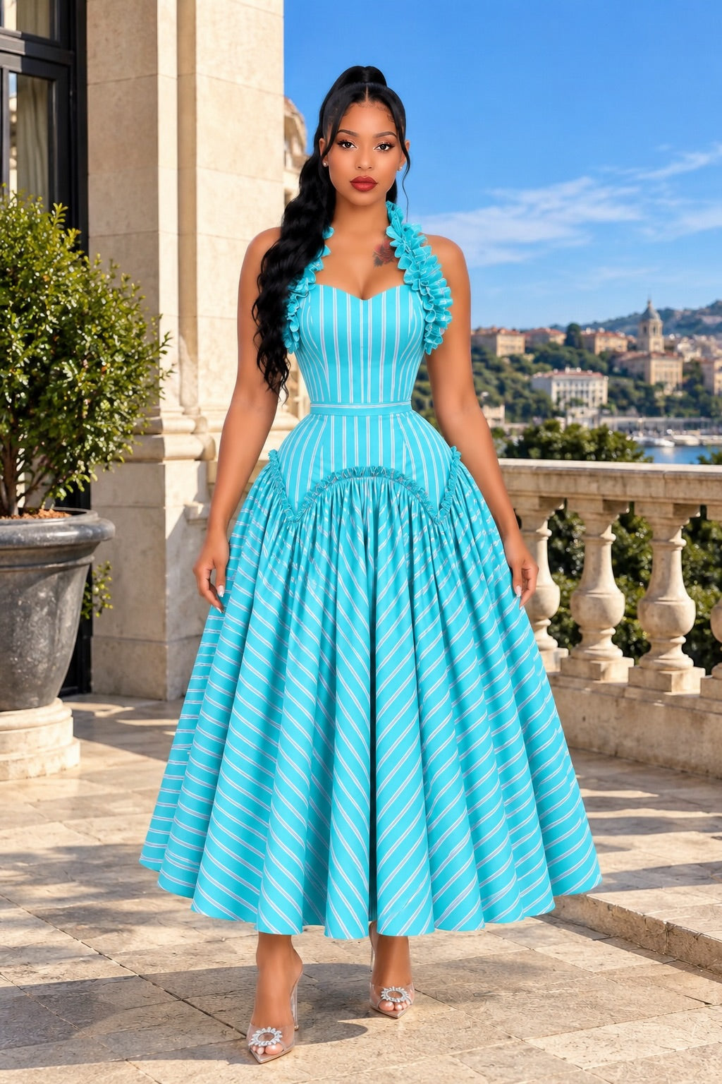 The Azure Ruffle-Trim Striped Midi Dress blue