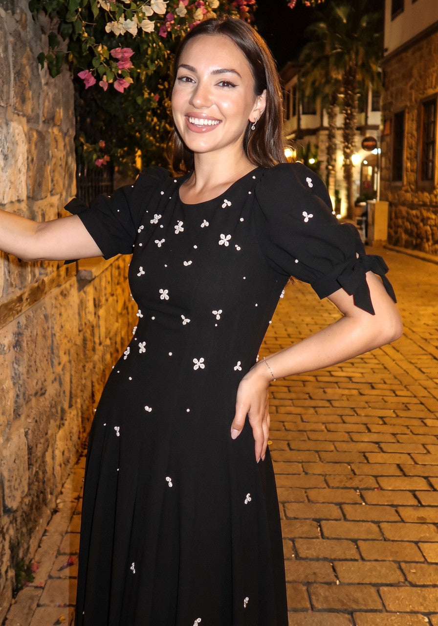 Short Sleeve Crystal A Line Maxi Dress Black