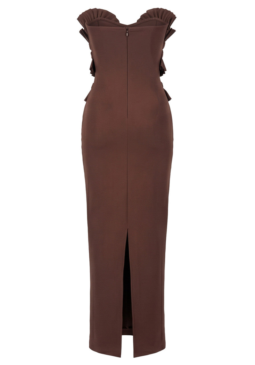 Strapless Pleated Detail Maxi Dress Brown