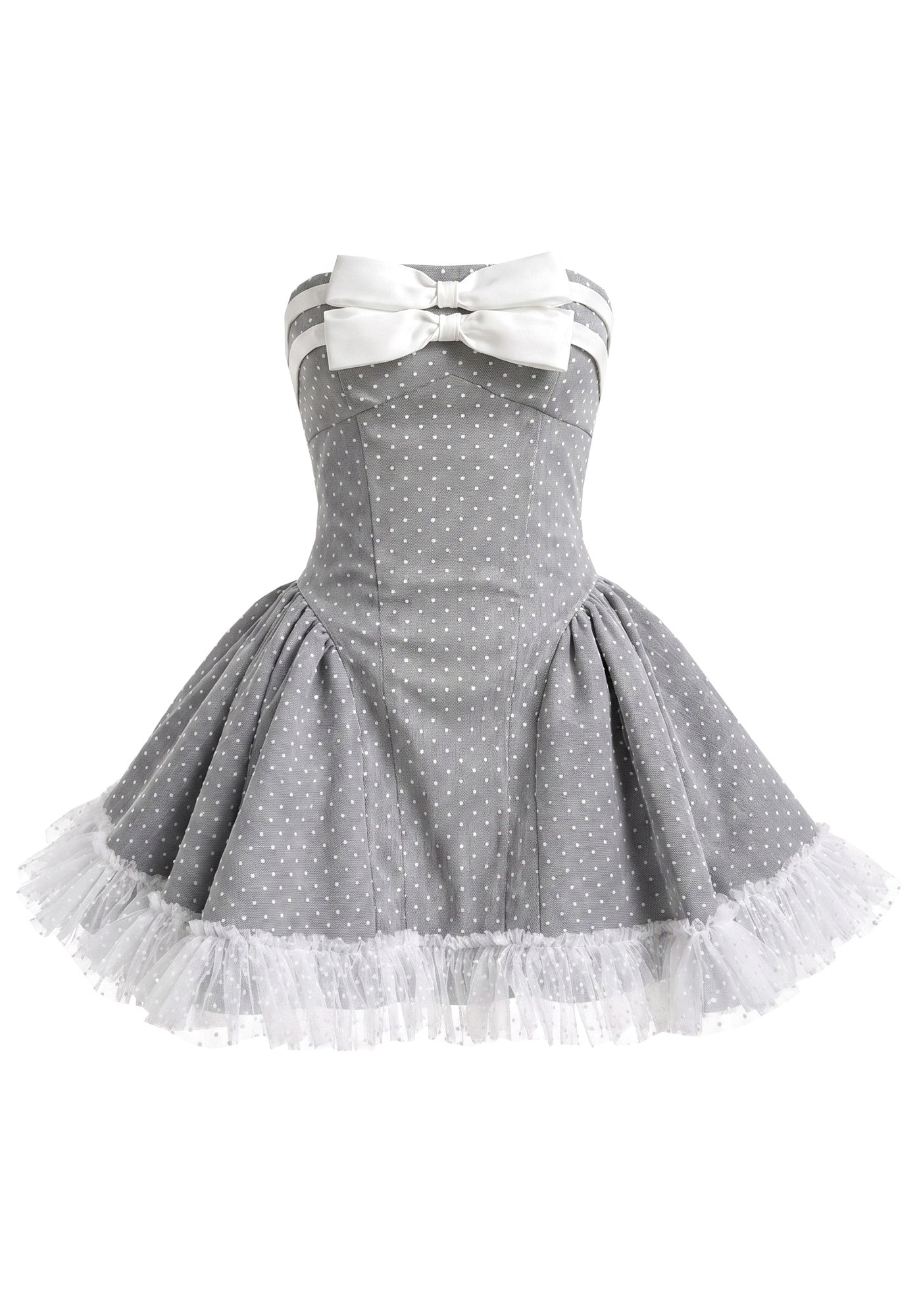 Strapless Bow Detail A Line Dress Grey White