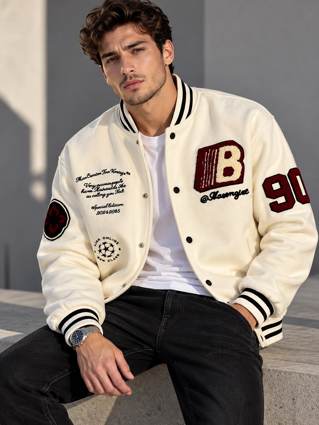 Men's Embroidered Snap Down Baseball Jacket