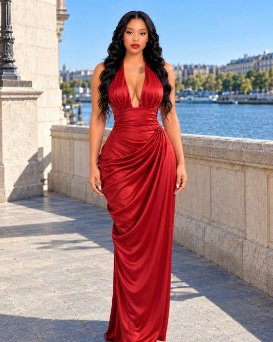 Halter Draped Corset Maxi Dress Red