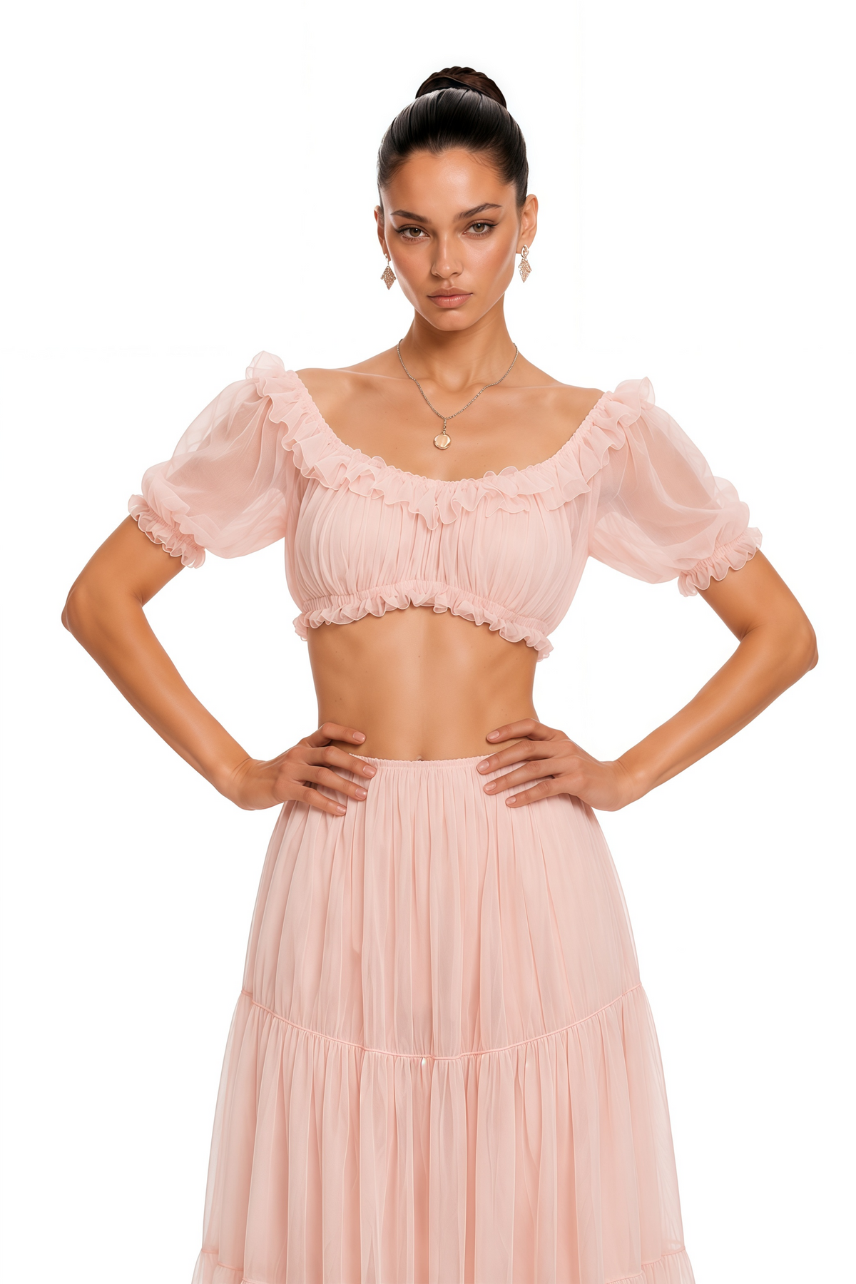 Pink Puff Sleeves Crop Top & Ruffled Skirt Set