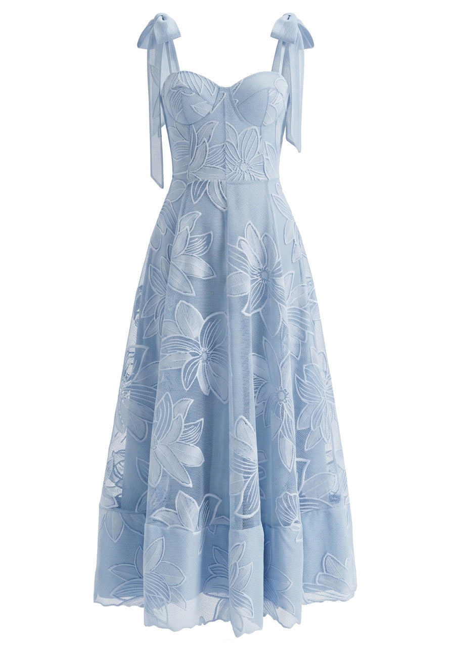 Floral A Line Bustier Midi Dress Blue
