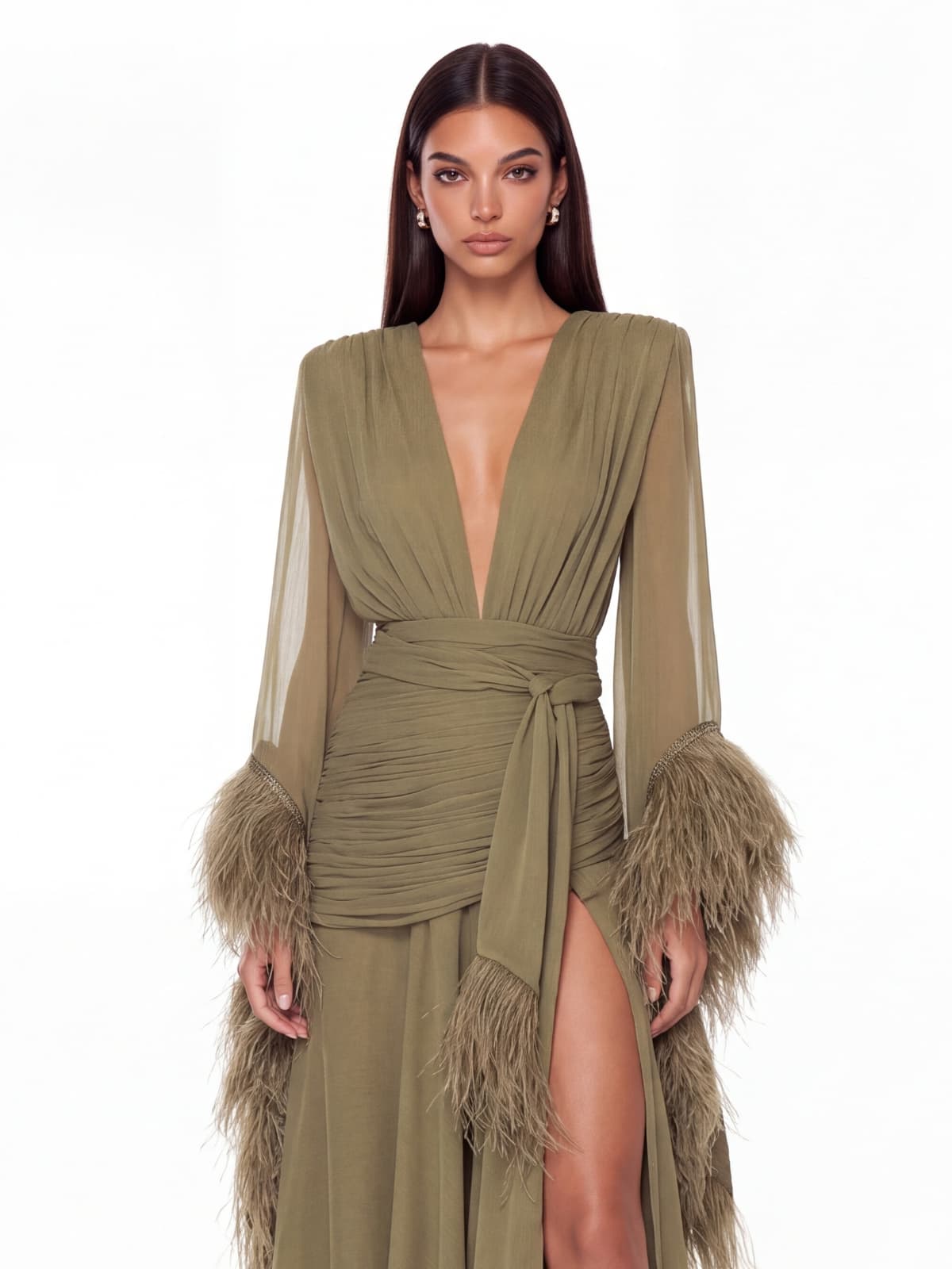 Neck Ruched Split Maxi Dress In Olive