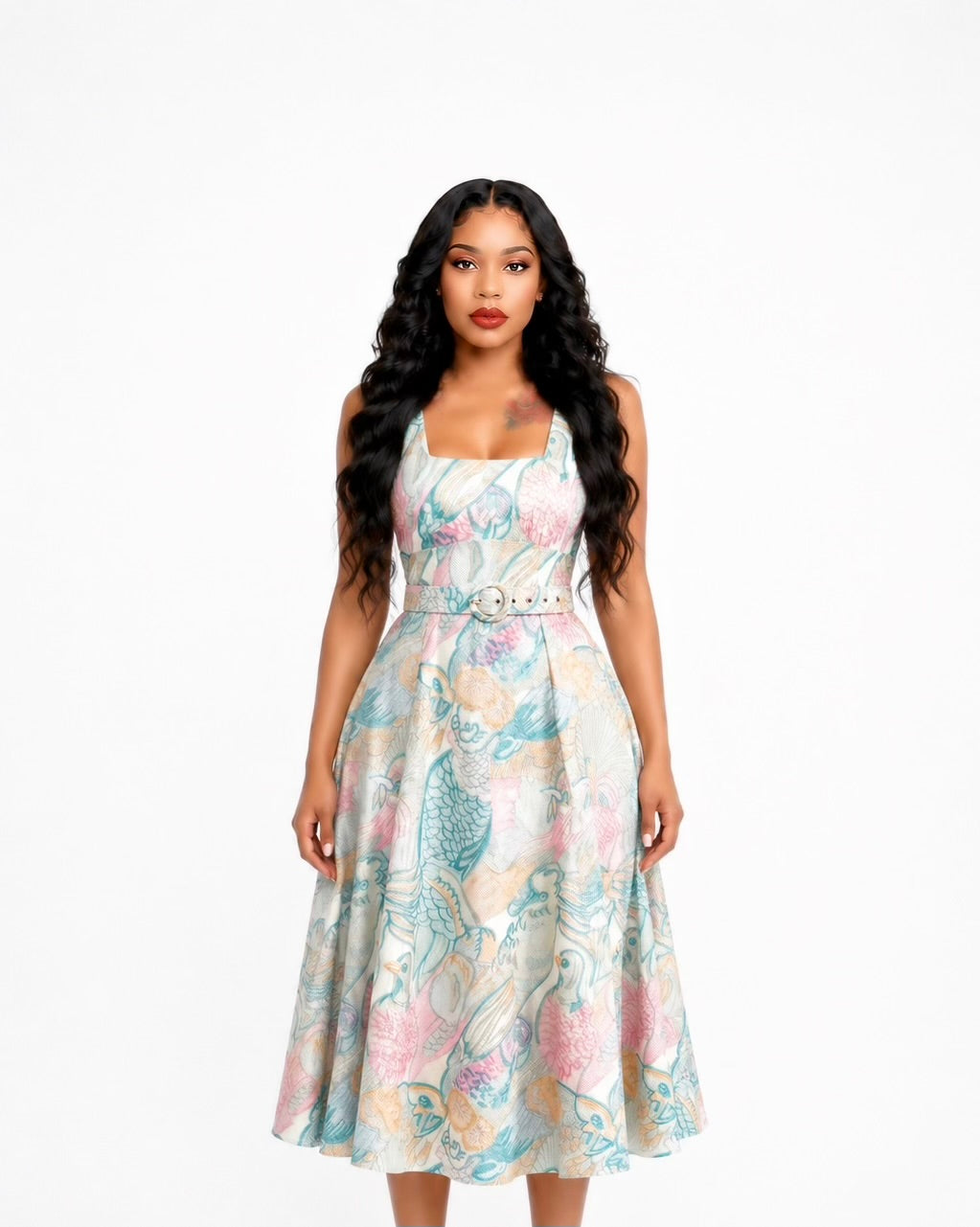 Floral Belt A Line Midi Dress Green
