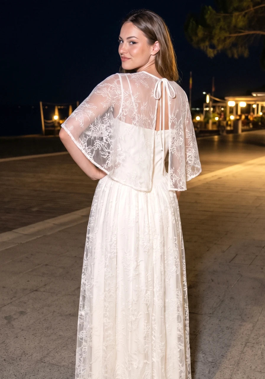 Lace Cape Strapless A Line Maxi Dress Ivory