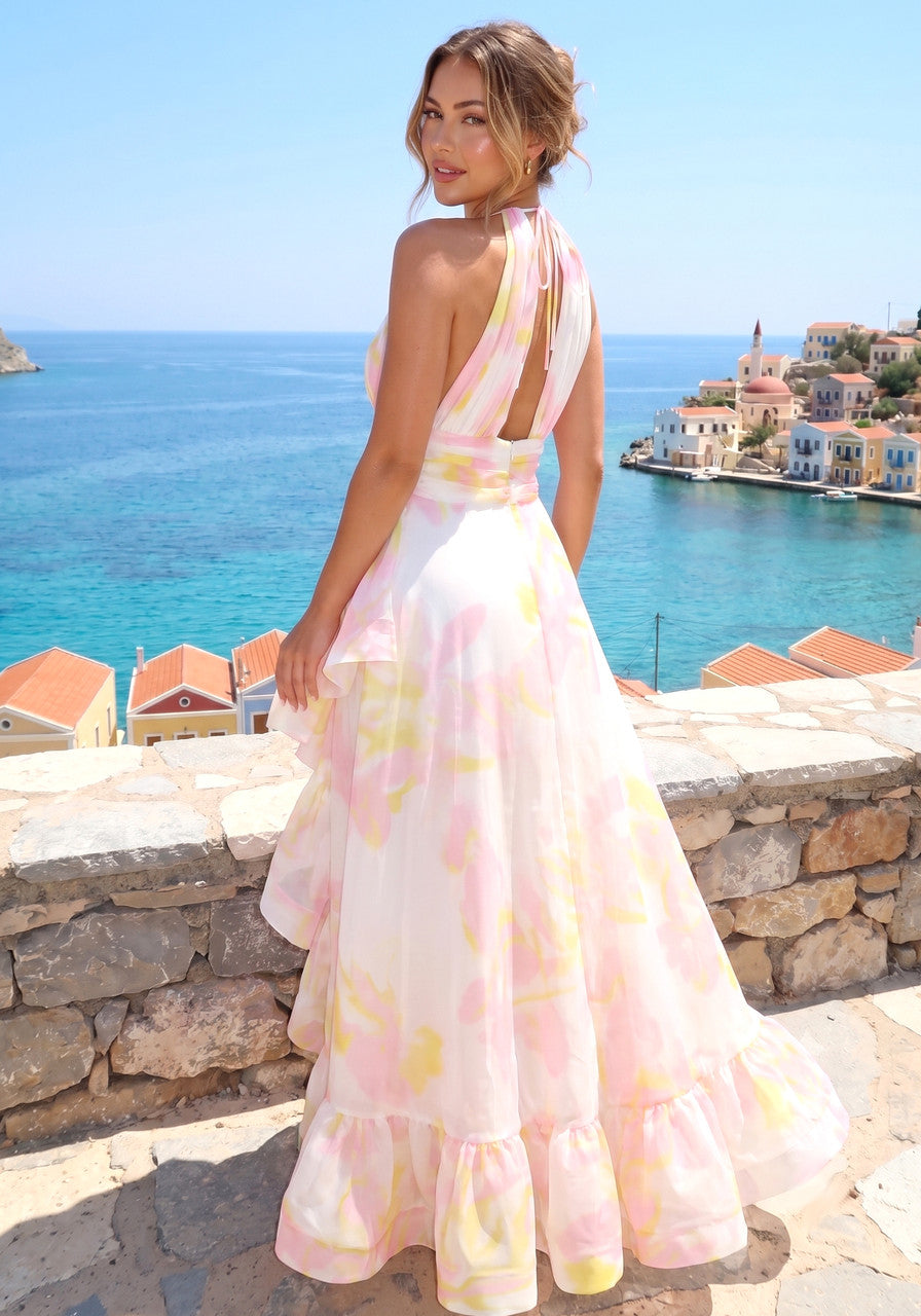 Halter Floral Ruffle Maxi Dress Pink Yellow