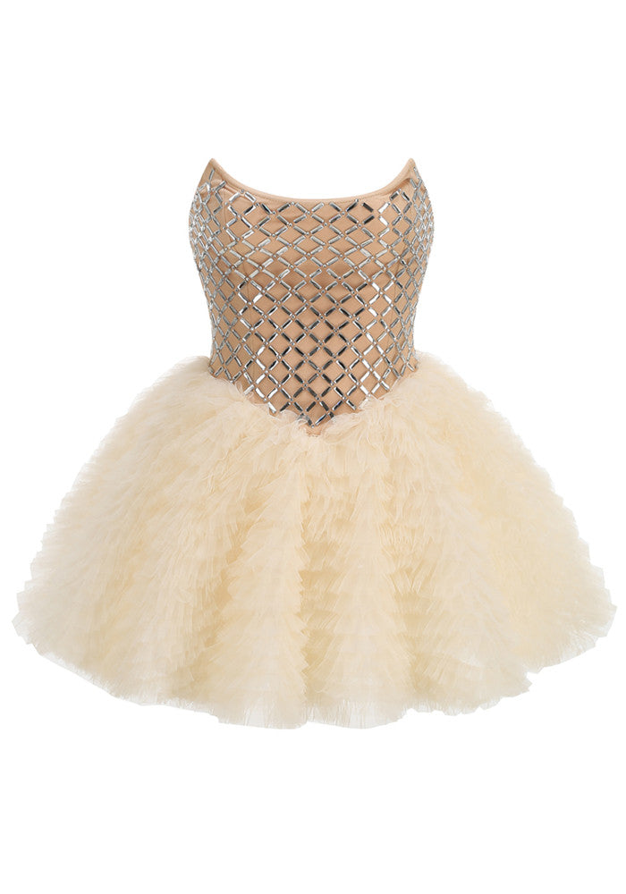 Strapless Embellished Ruffle A Line Dress Ivory