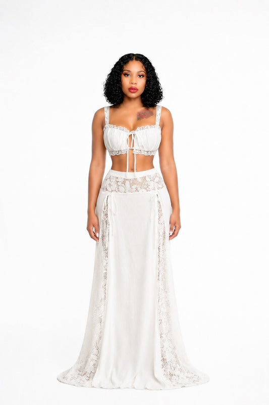 Femme Muse Lace Linen Skirt Set - White