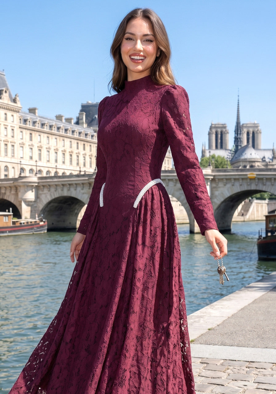 Long Sleeve Crystal Detail A Line Lace Maxi Dress Burgundy