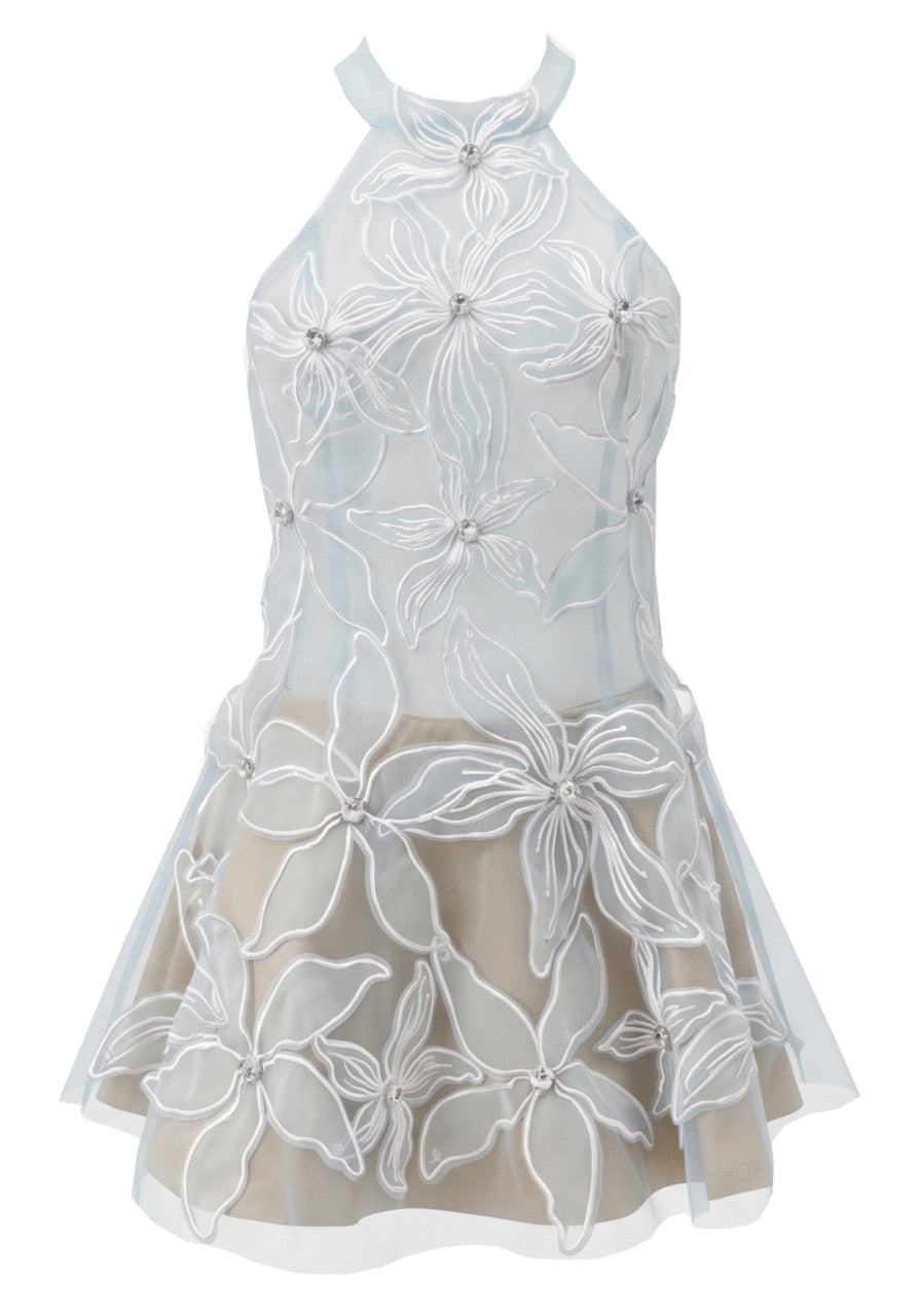 Halter Floral Embroidered A Line Dress Light Blue