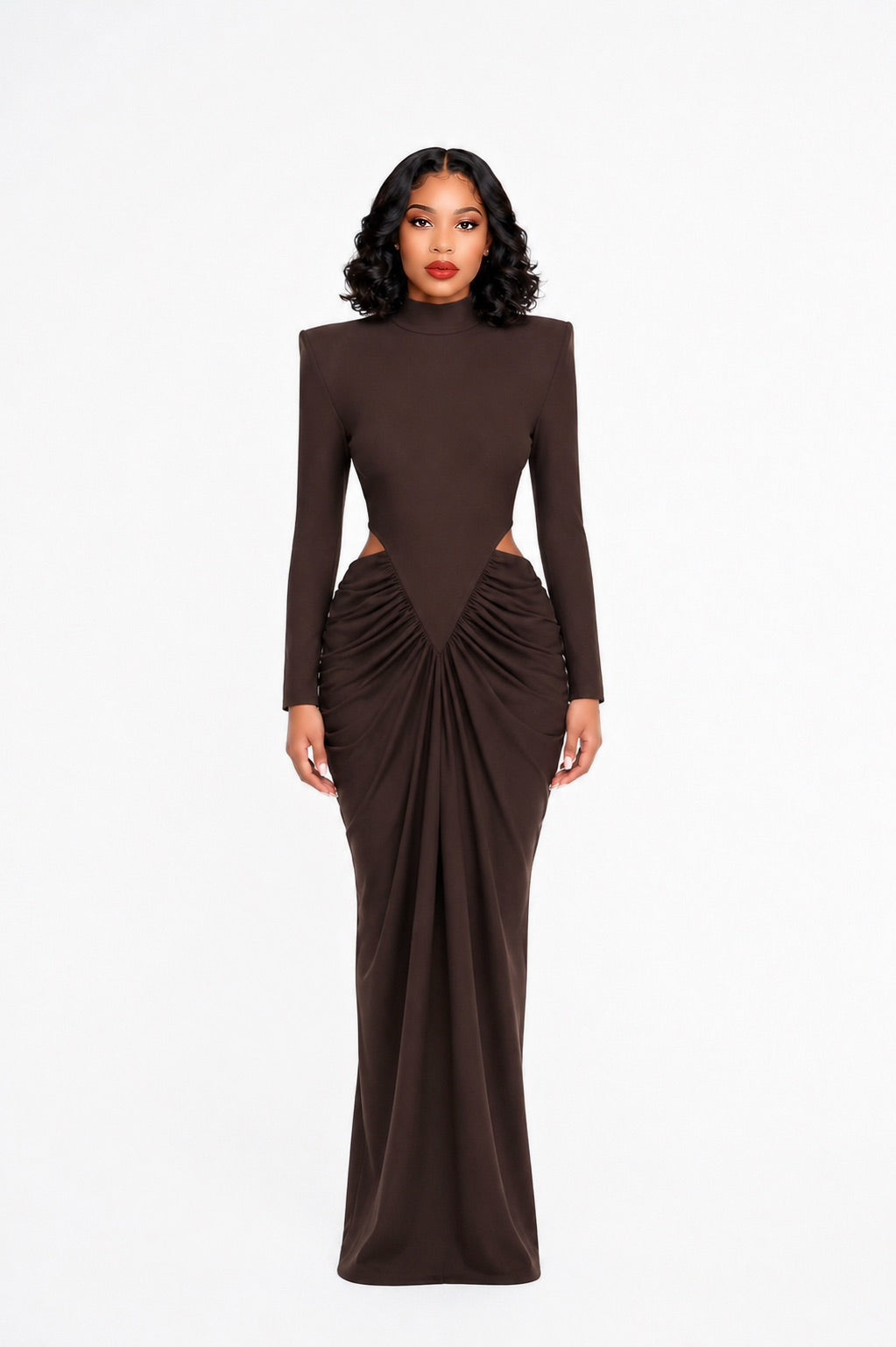 Long Sleeve Cut Out Draped Maxi Dress Brown