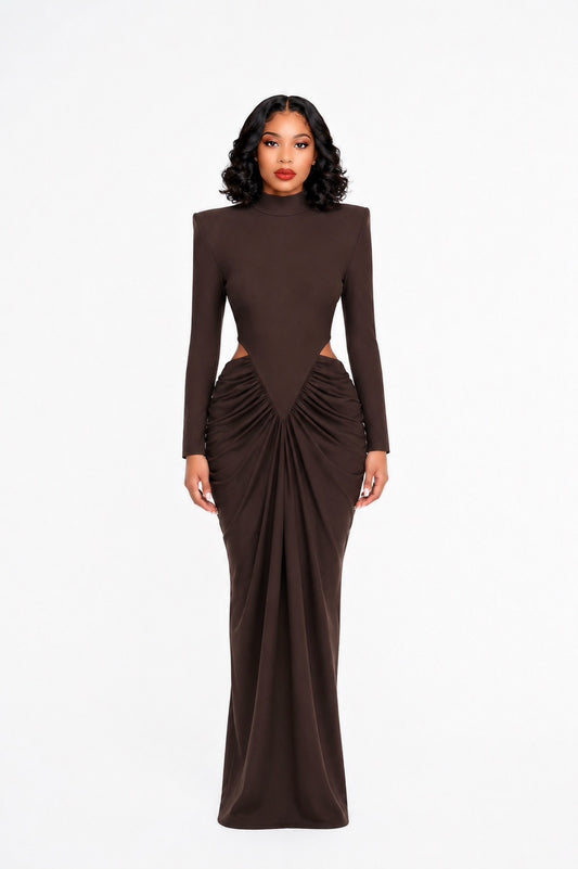 Long Sleeve Cut Out Draped Maxi Dress Brown