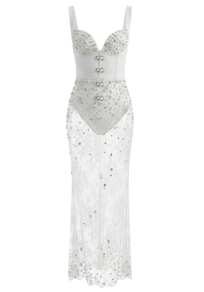 Crystal Embellished Bustier Lace Maxi Dress White