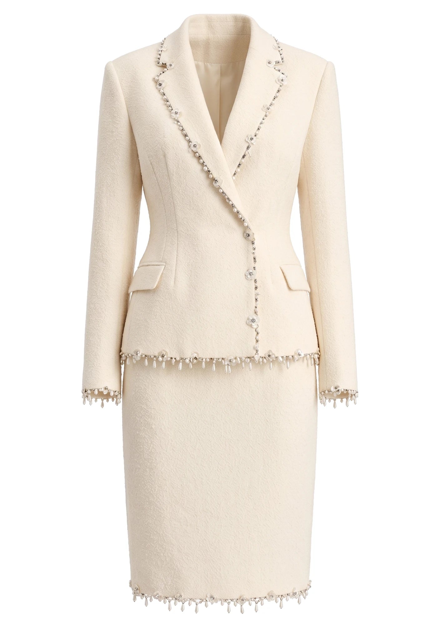Long Sleeve Embellished Trim Two Piece Dress Ivory