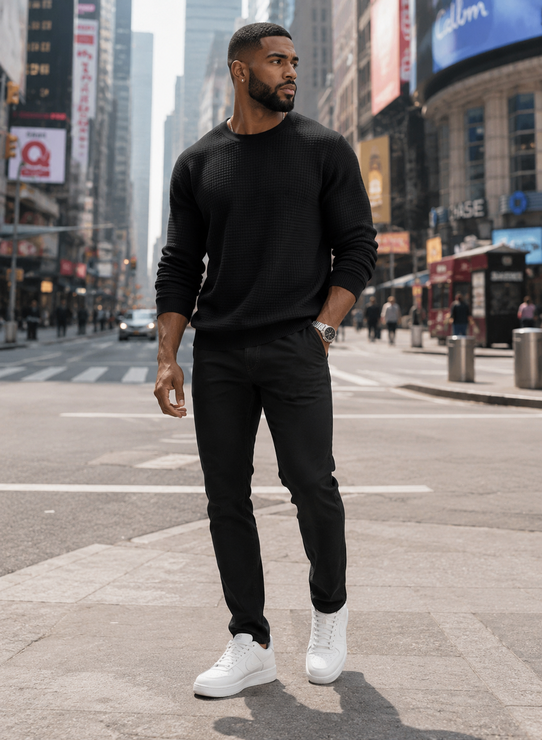 Men's Full Size Classic Waffle-Knit Crew Neck Sweatshirt Plus Size