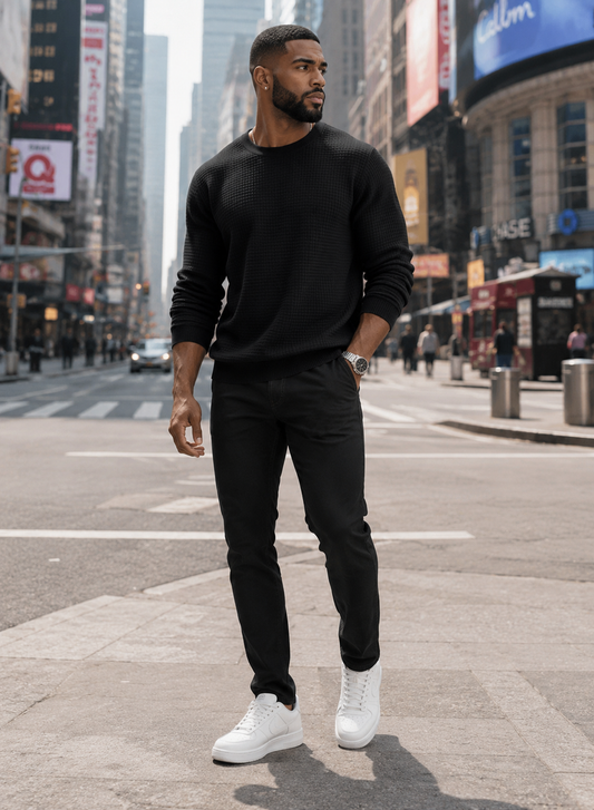 Men's Full Size Classic Waffle-Knit Crew Neck Sweatshirt Plus Size