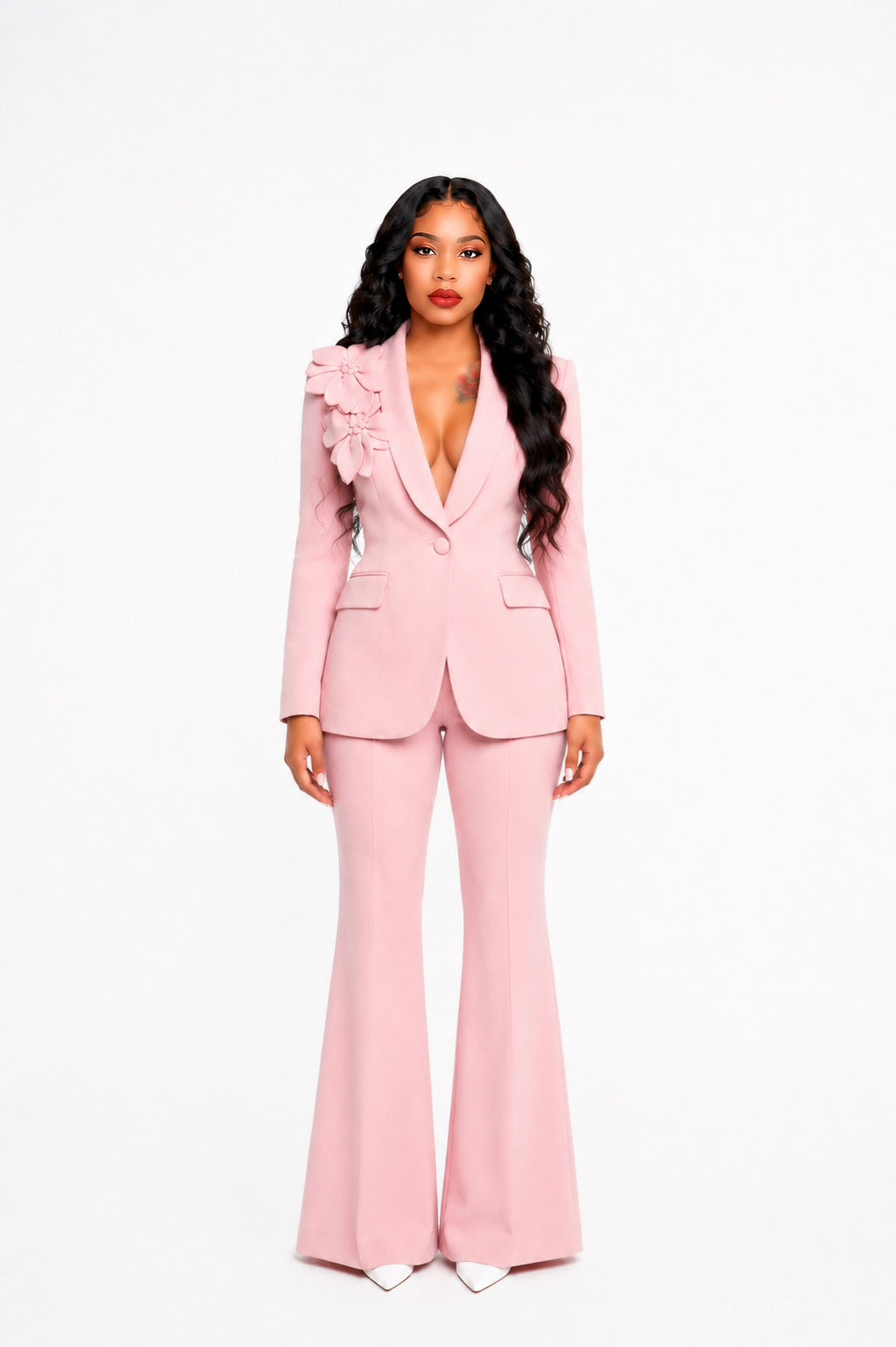 Long Sleeve Floral Detail Suit Pink