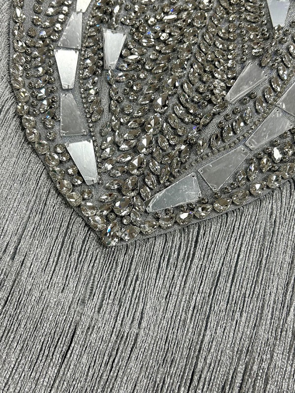 silver crystal fringe gown