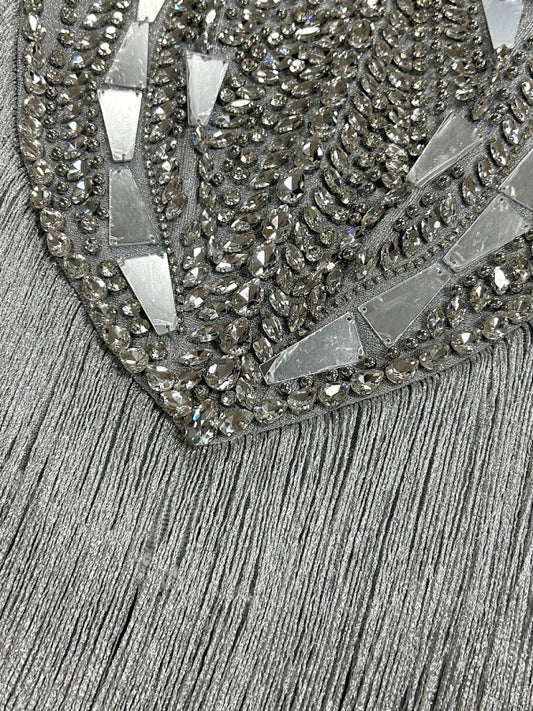 silver crystal fringe gown