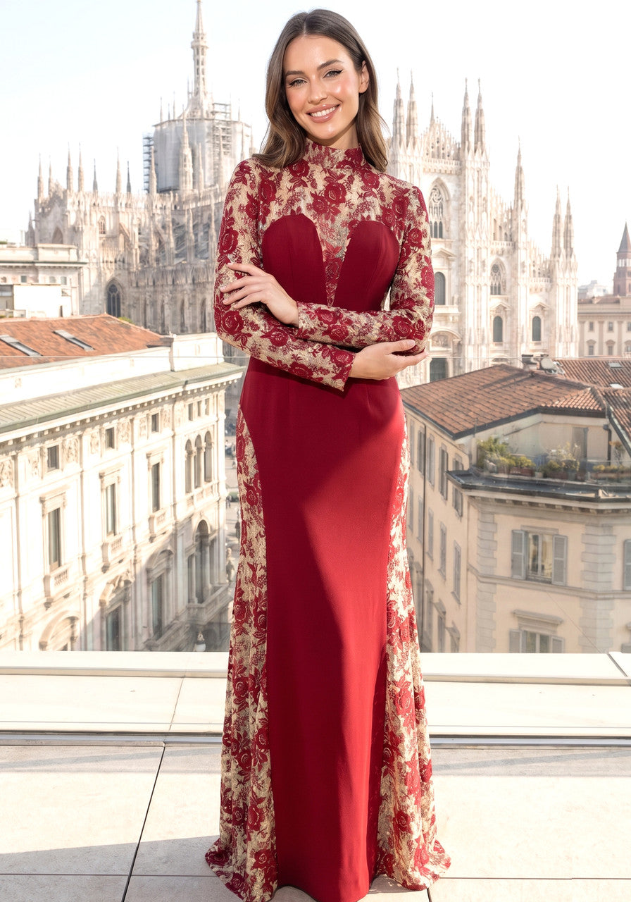 Long Sleeve Floral Lace Maxi Dress Burgundy