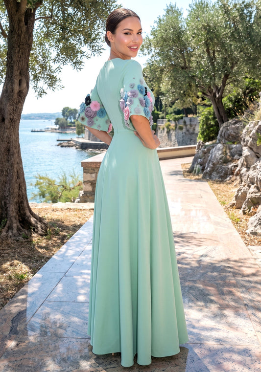 Short Sleeve Floral A Line Maxi Dress Green