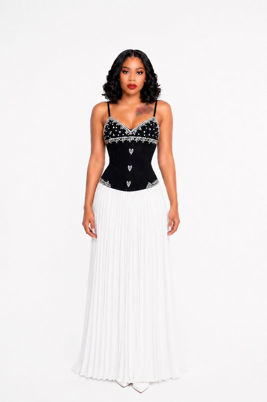Chiffon midi dress with ribbons, rhinestones and studs