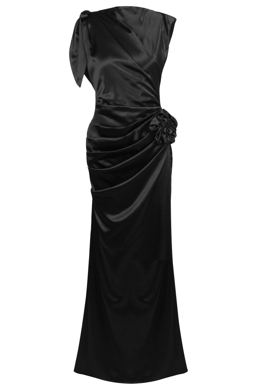 Floral Detail Draped Maxi Dress Black