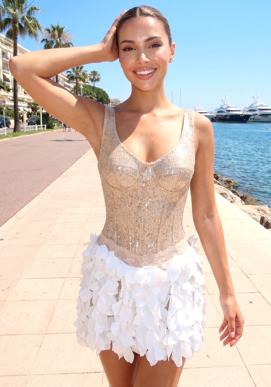 Sequin Petal Dress Gold White