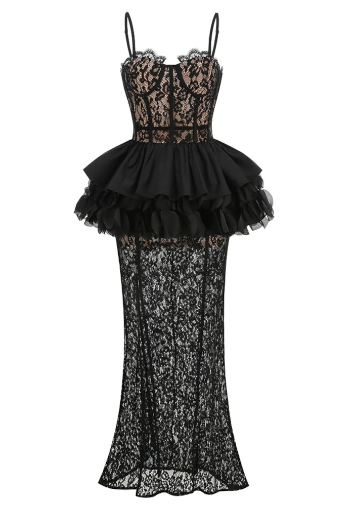 Lace Peplum Maxi Dress Black