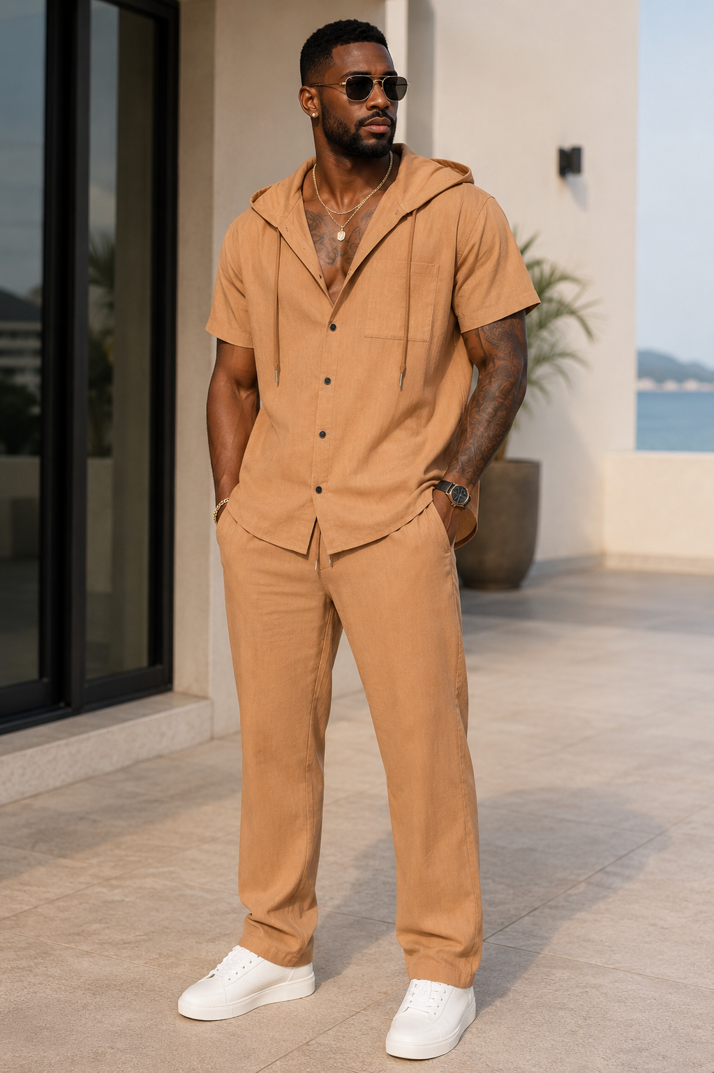 Men's Full Size Casual Hooded Short Sleeve Shirt and Pants Two-Piece Set Plus Size
