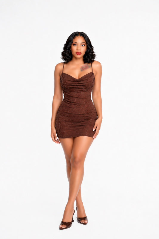 Draped Sparkly Dress Brown