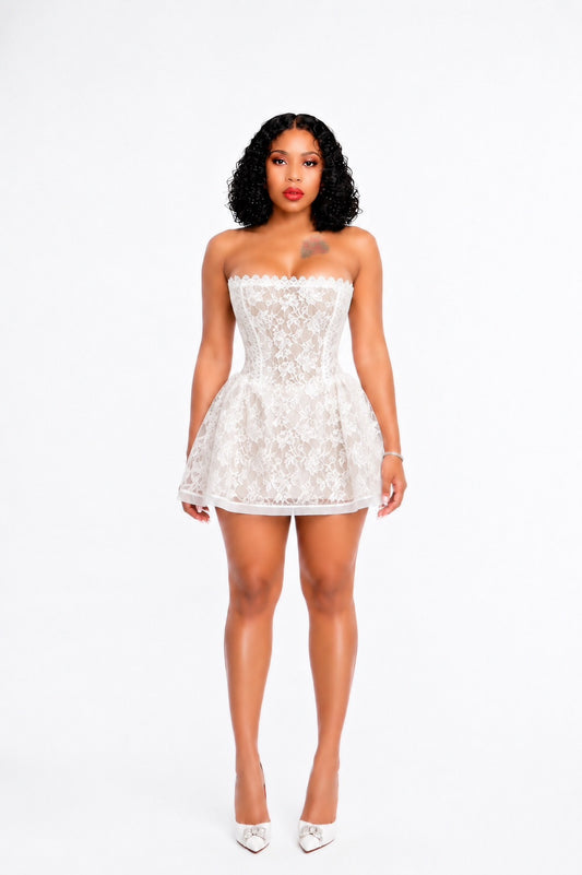 Strapless Scalloped Lace A Line Dress White
