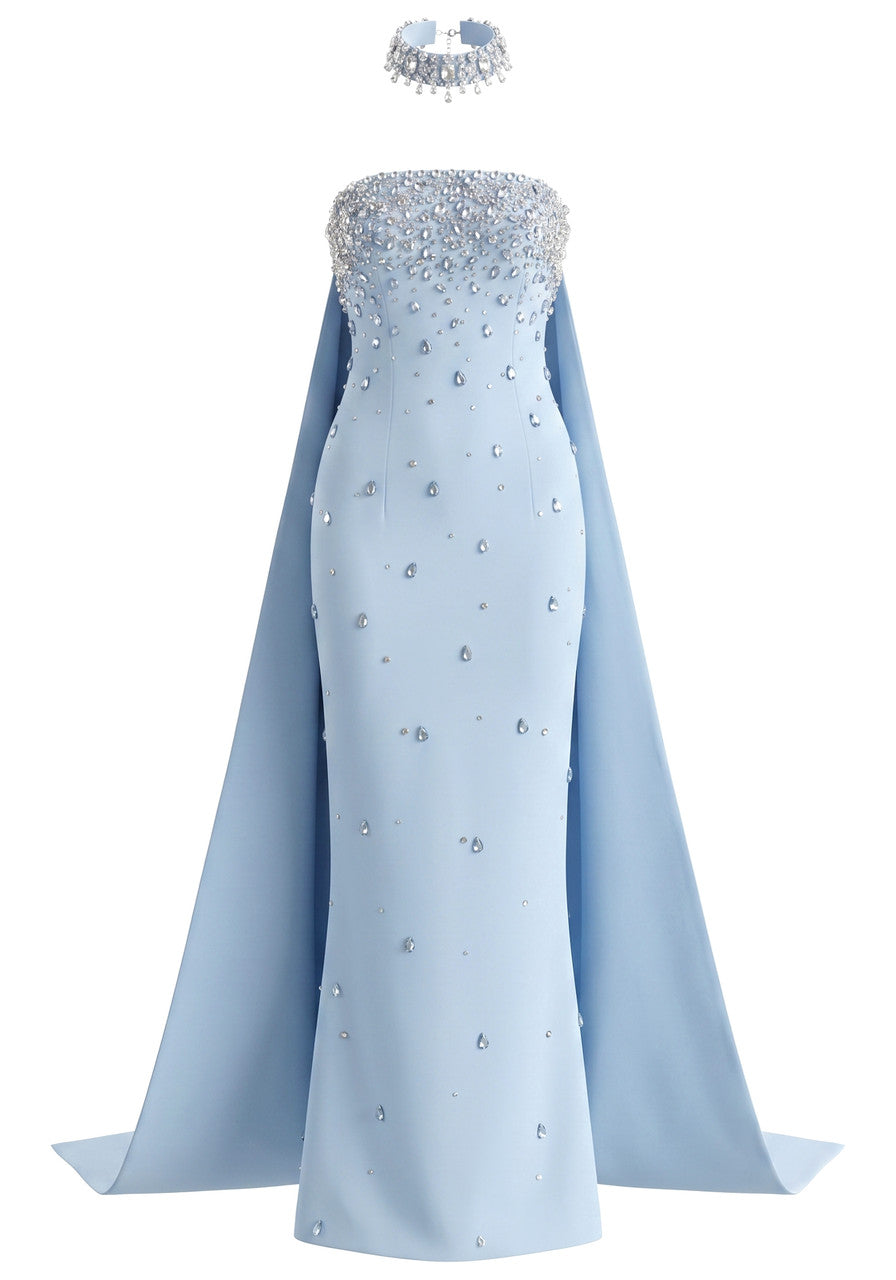 Strapless Crystal Cape Maxi Dress Blue