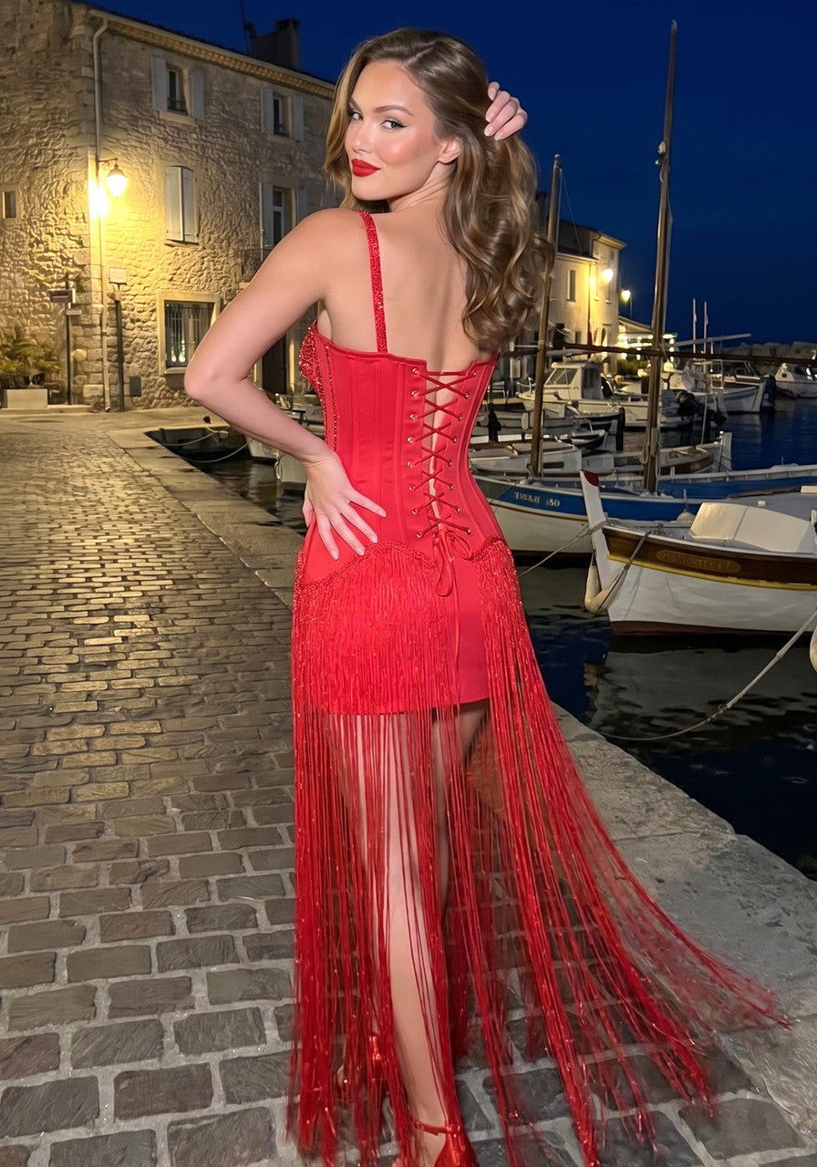 Embellished Bustier Tassel Maxi Dress Red