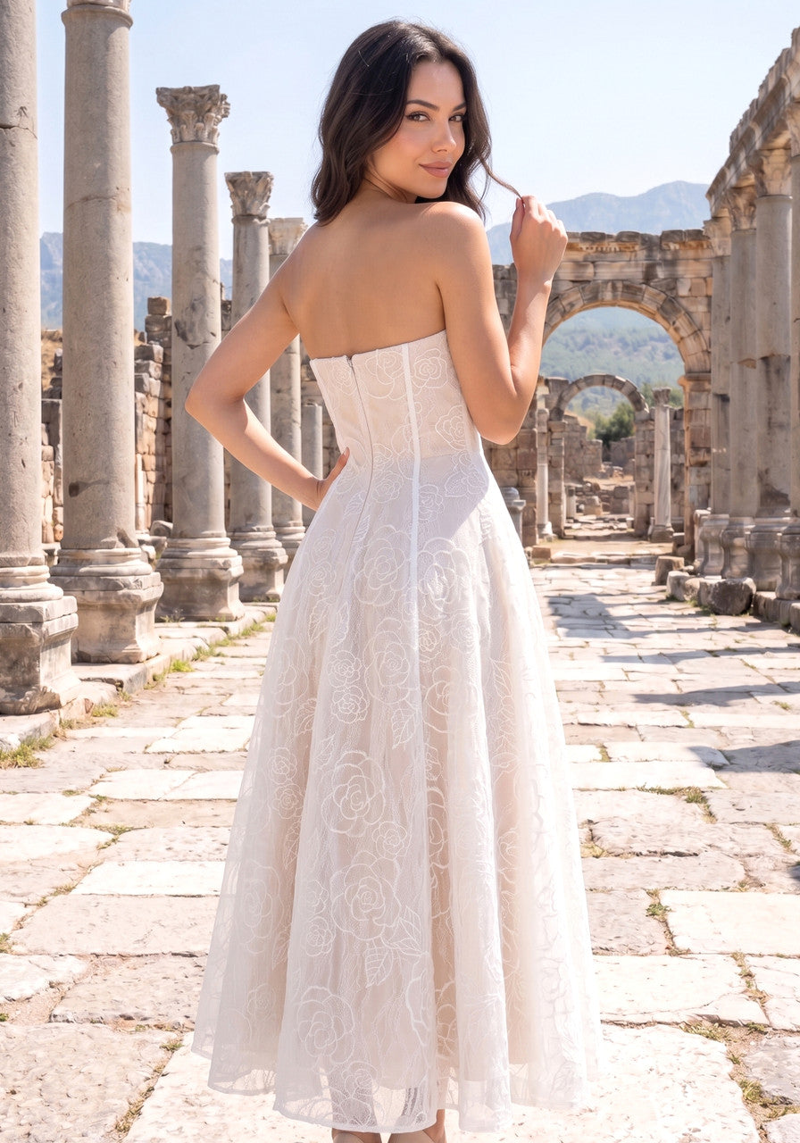 Strapless Lace A Line Maxi Dress White