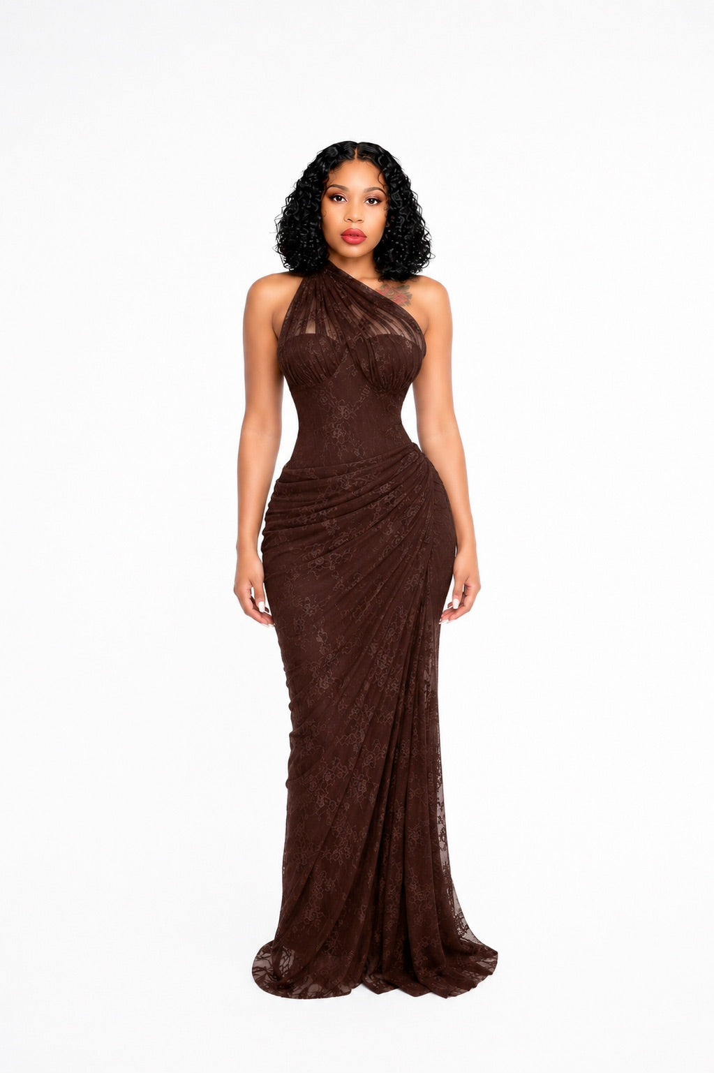 Stefania Brown Red Floral Lace Maxi Gown