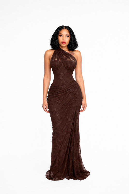 Stefania Brown Red Floral Lace Maxi Gown