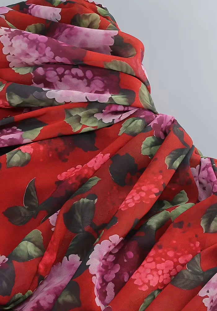 Strapless Draped Floral Maxi Dress Red