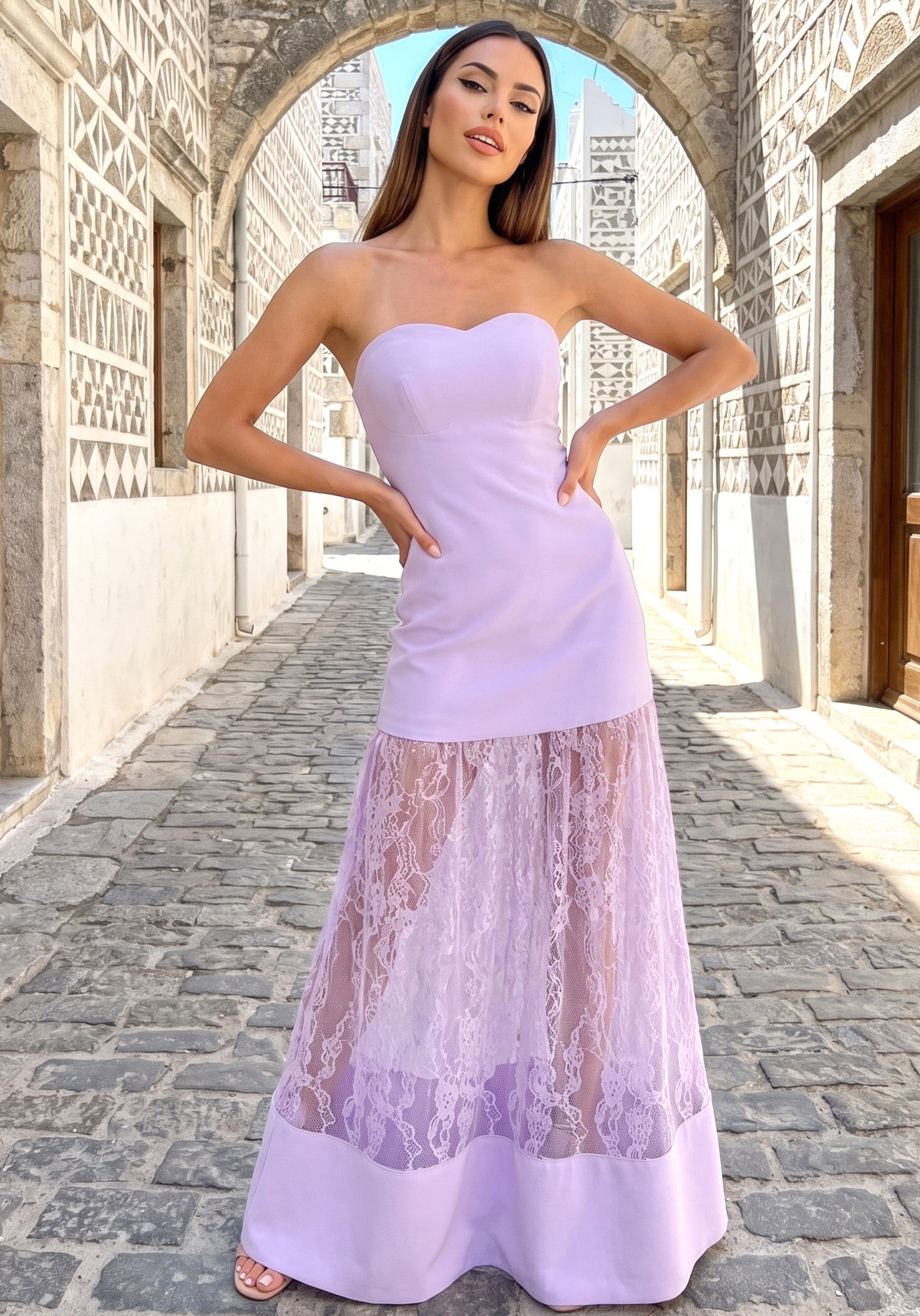 Strapless Lace Insert A Line Maxi Dress Lavender