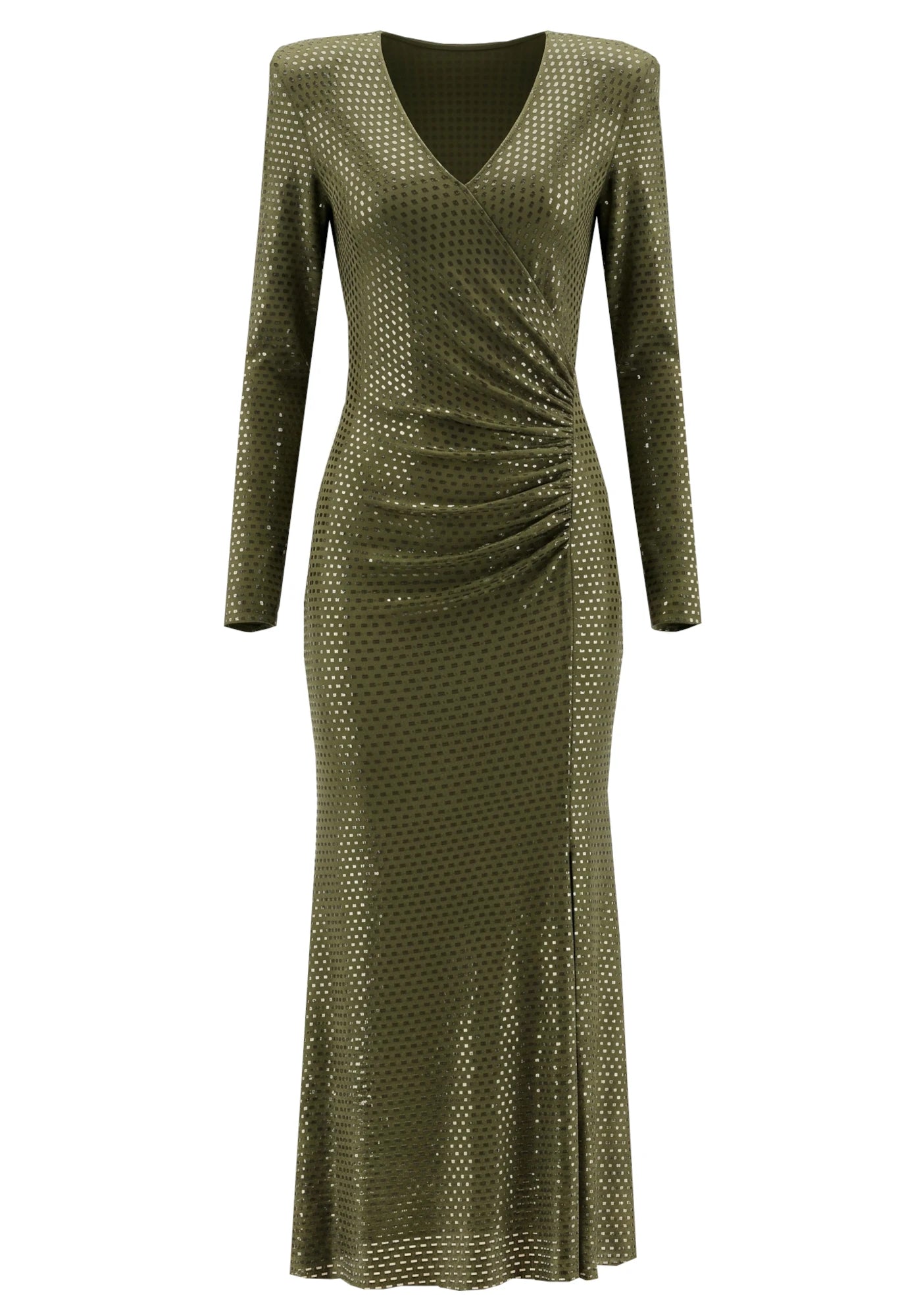 Long Sleeve Embellished A Line Midi Dress Green