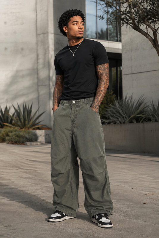 Men's Wide Leg Cargo Pants with Elastic Waistband