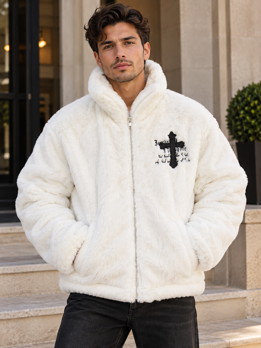 Men's  Faux Fur Cross Graphic Stand Collar Jacket