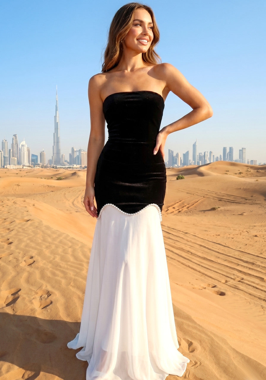 Strapless Pearl Detail A Line Maxi Dress Black White