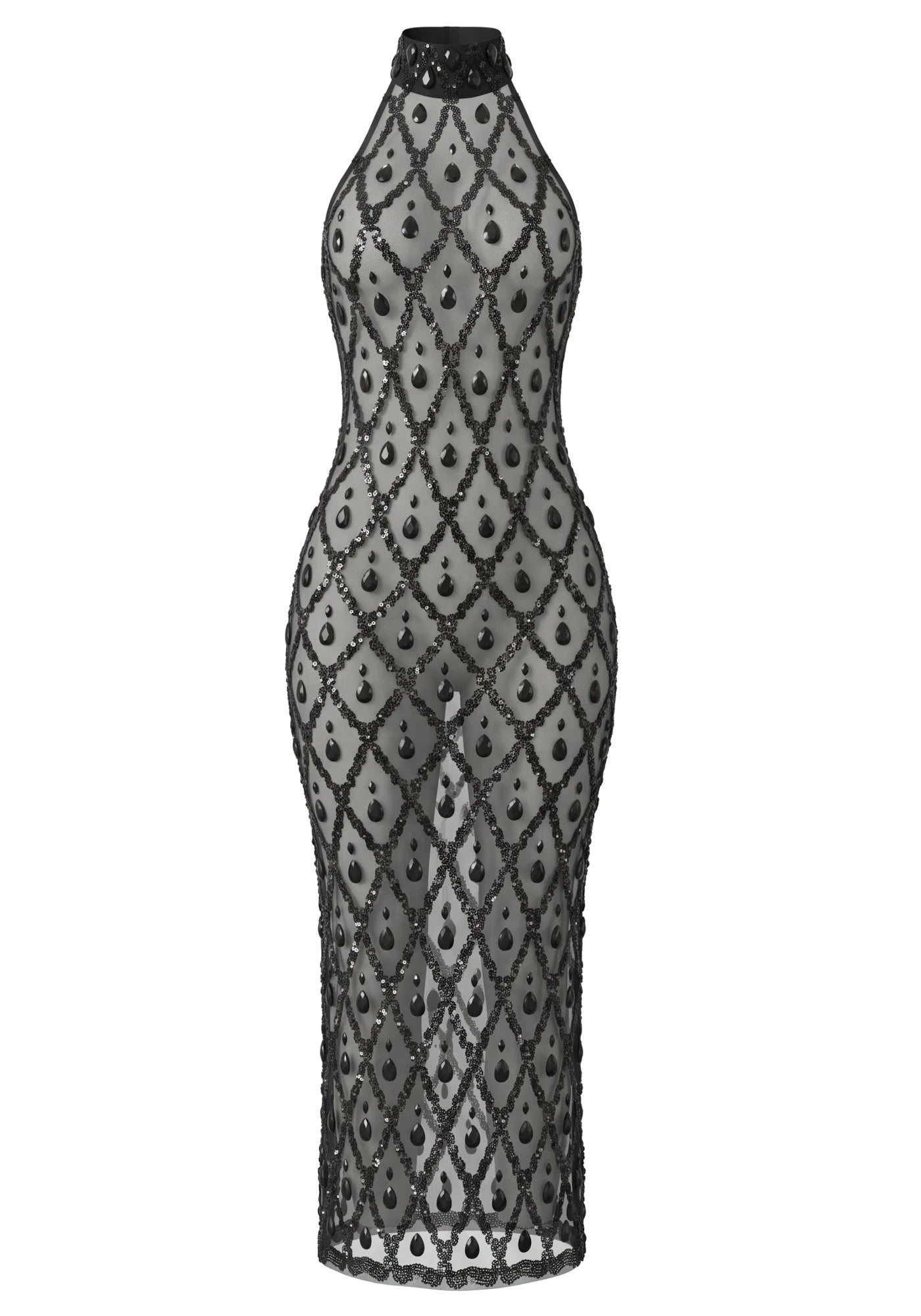 Crystal Sequin Mesh Maxi Dress Black